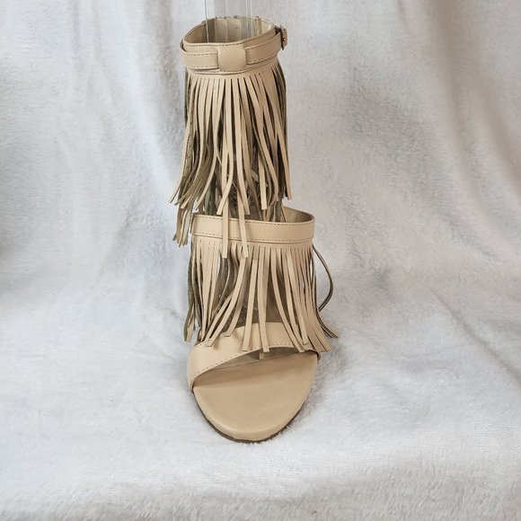 High Heel Fringe Sandal Shoe Nude Beige Wild Rose Sizes 7.5, 9, 11 - Picture 2 of 5